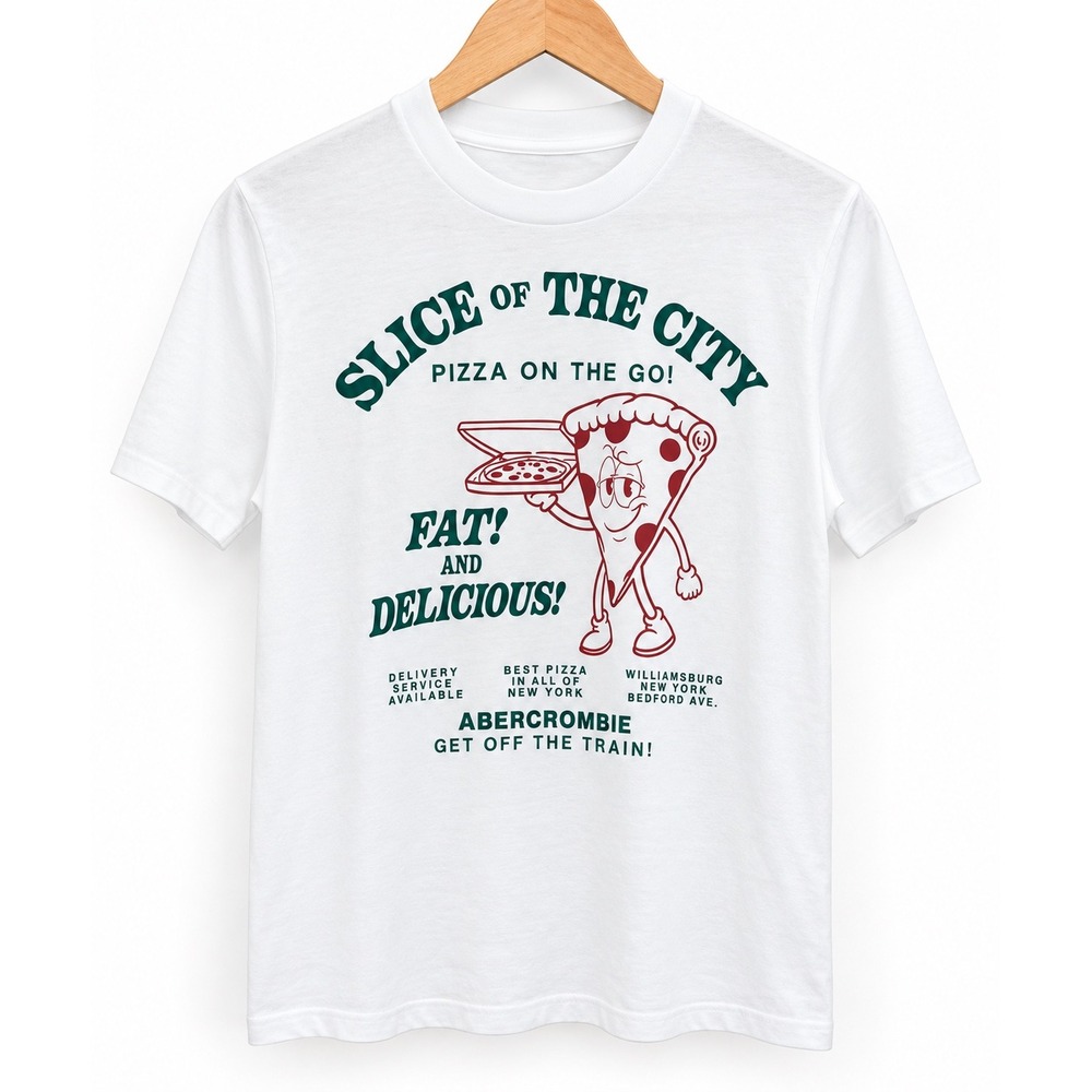 Abercrombie Kids White Slice of the City Pizza Graphic Tee Sz 17/18 NWT Novelty